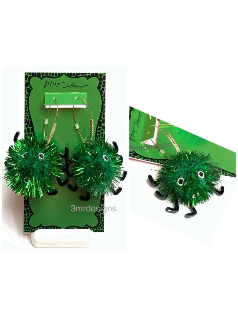 NWT Betsey Johnson 💋METALLIC GREEN POM POM SPIDER Gold Tone Glass Drop Earrings